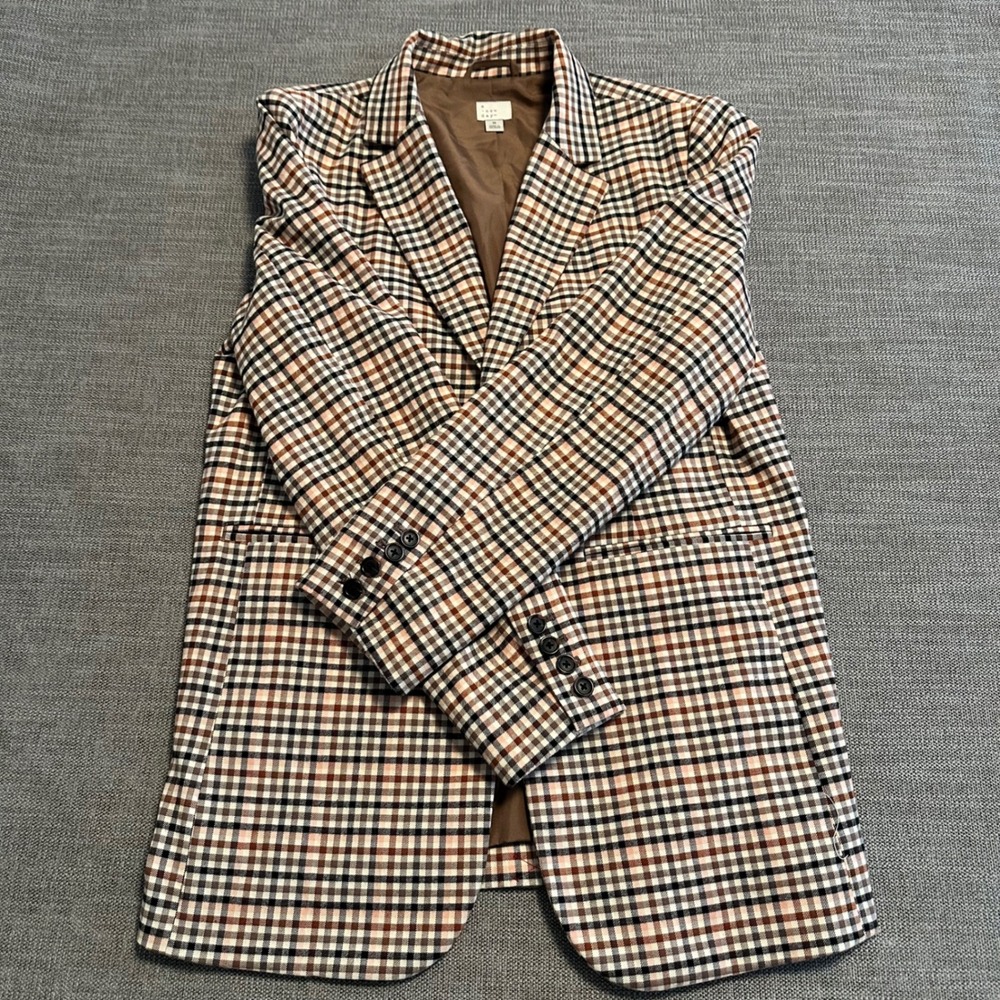 A New Day Blazer Women Medium Brown Plaid  Two Button Tailored Jacket - Picture 3 of 11